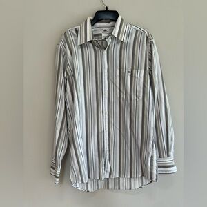 Lacoste Men's Long Sleeved Striped Button Down in Earth Tones, Size 40